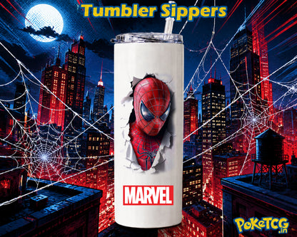 White tumbler sipper featuring a dramatic 3D-style Spider-Man mask breaking through a torn surface, with the Marvel logo and an urban nighttime cityscape with spider webs in the background.