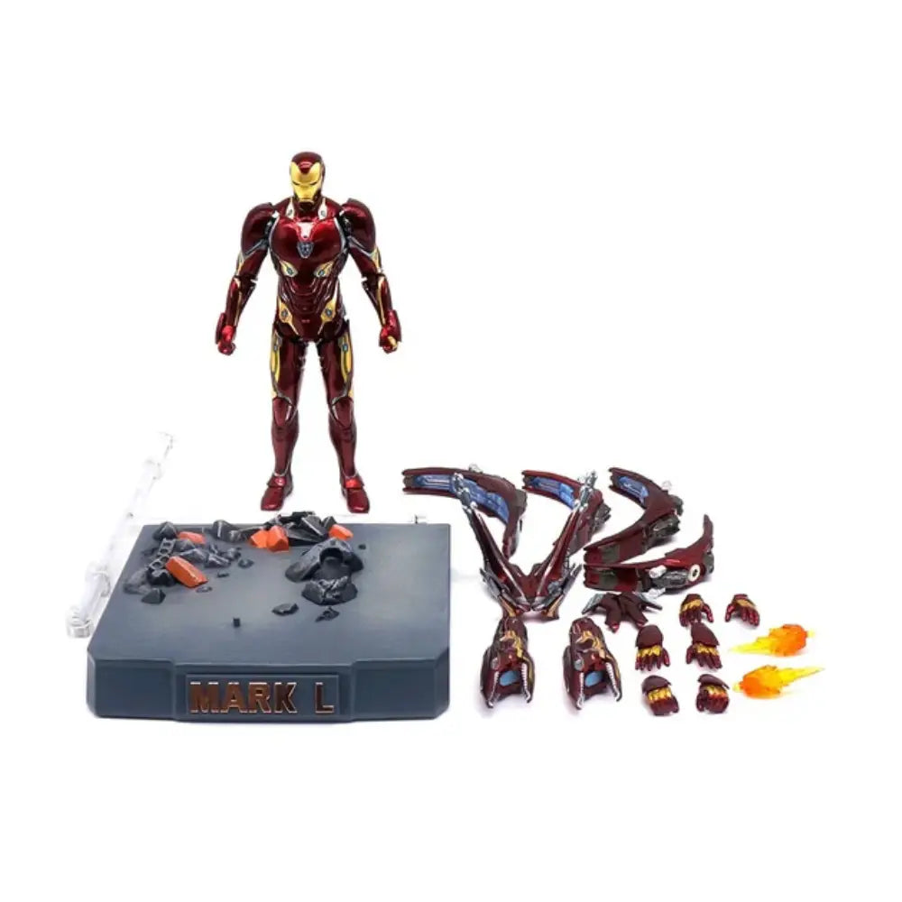 Toy figure of Iron Man with accessories on a white background