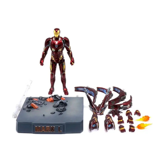 Toy figure of Iron Man with accessories on a white background