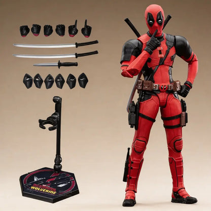 Deadpool action figure with accessories on a beige background