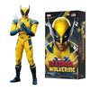 Action figure of a superhero in yellow and blue costume with packaging displaying 'Deadpool Wolverine' text.