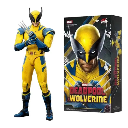 Action figure of a superhero in yellow and blue costume with packaging displaying 'Deadpool Wolverine' text.