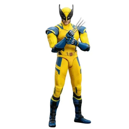 Superhero in yellow and blue costume with claws on a white background