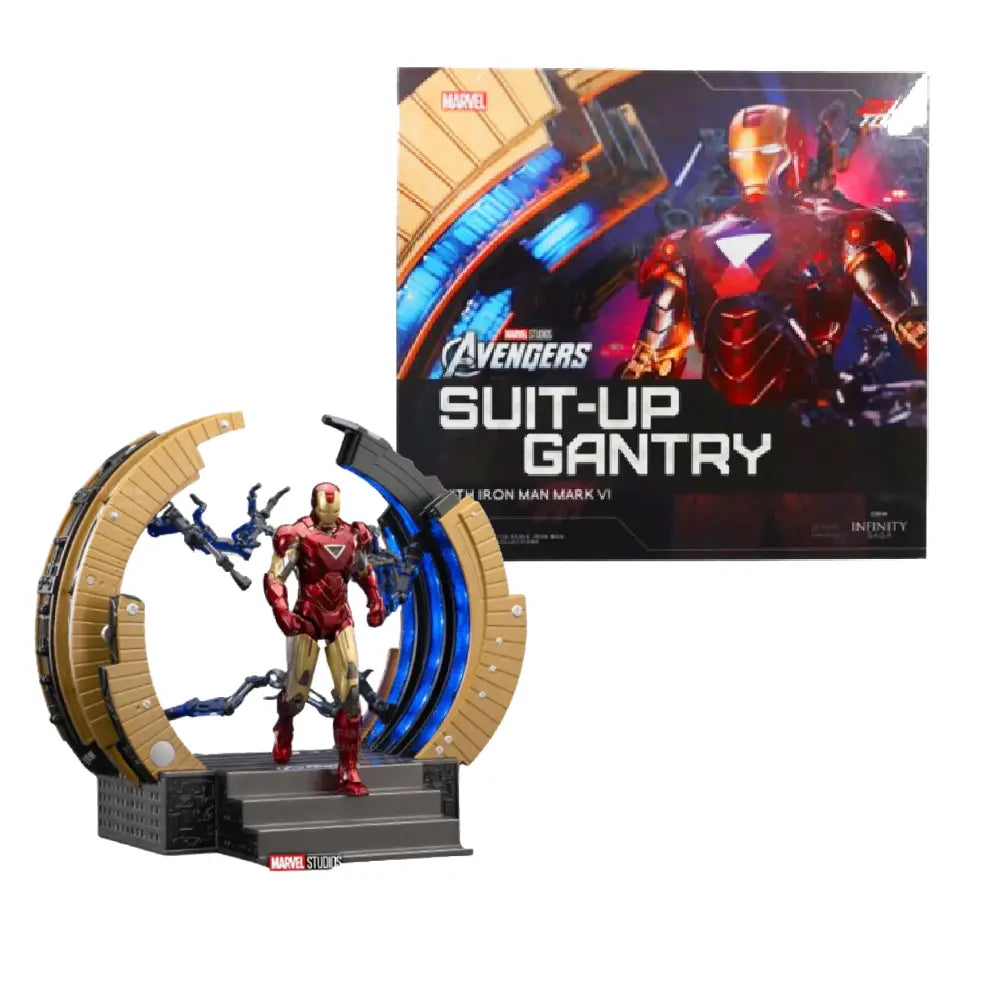 Marvel Iron Man figure with 'Suit-Up Gantry' and packaging on a white background