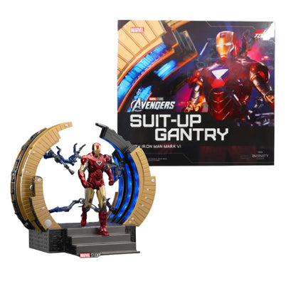 Marvel Iron Man figure with 'Suit-Up Gantry' and packaging on a white background