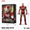 Marvel Iron Man Mark XLIII model kit with packaging and dimensions on a white background