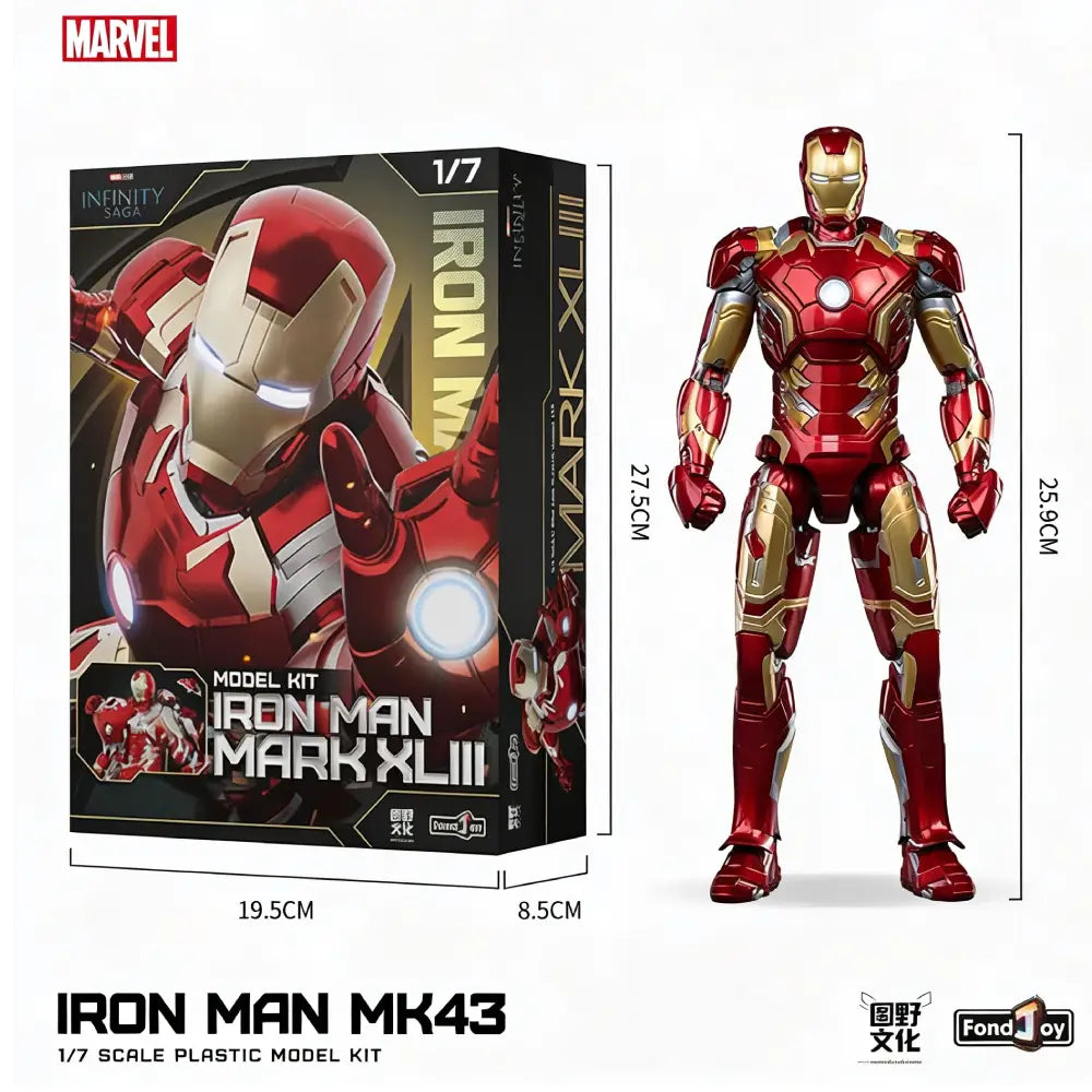 Marvel Iron Man Mark XLIII model kit with packaging and dimensions on a white background