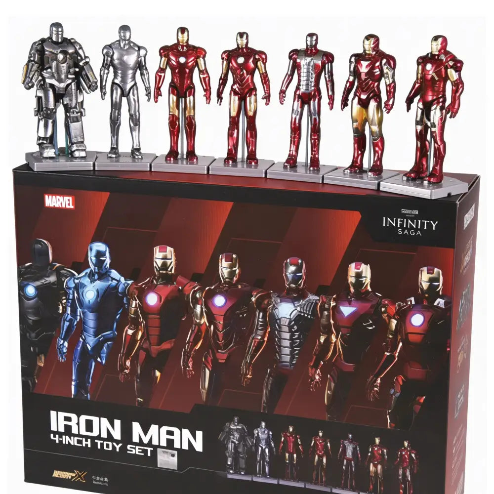 Collection of Iron Man action figures in various suits on a display stand with packaging.