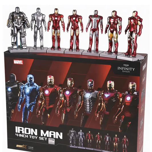 Collection of Iron Man action figures in various suits on a display stand with packaging.