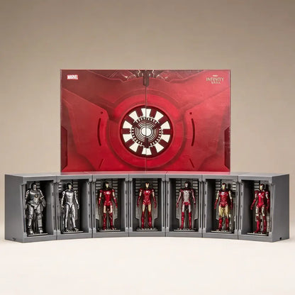 Marvel action figure set with a red and silver central figure in a display case on a beige background