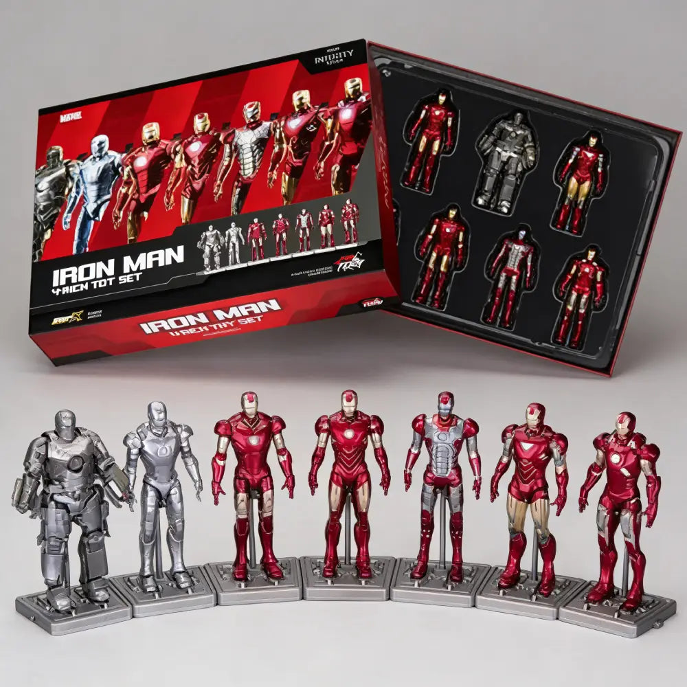 Iron Man action figure set with packaging displaying multiple figures.