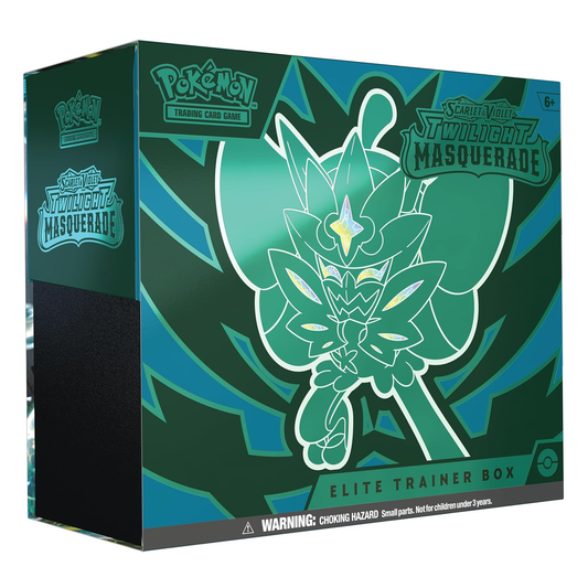 Pokémon Twilight Masquerade Elite Trainer Box packaging with a green and blue design.