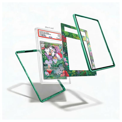 A green transparent protective case frame set shown floating around a graded Pokémon TCG card in a clear holder, on a clean white background.
