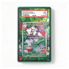 A green protective card slab containing a Pokémon TCG trading card, photographed against a clean white background. The slab has a red PSA grading label at the top and a printed colorful forest illustration filling the back.