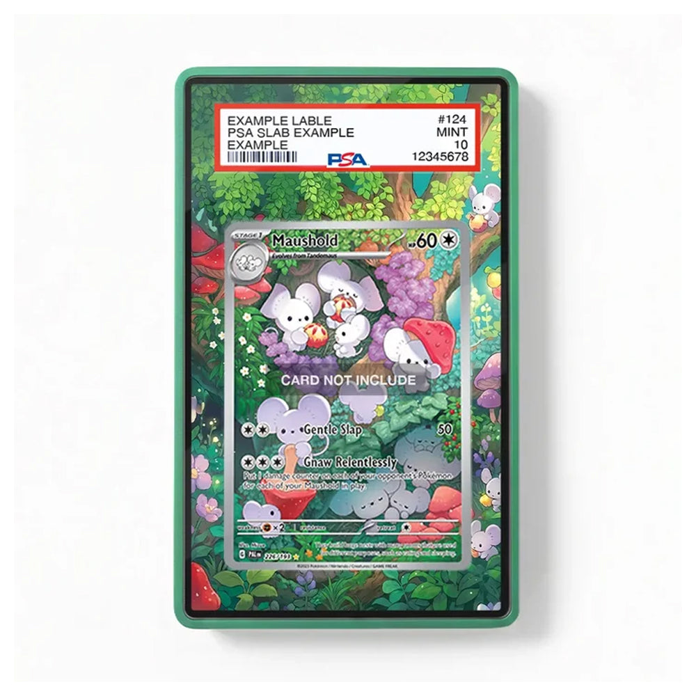 A green protective card slab containing a Pokémon TCG trading card, photographed against a clean white background. The slab has a red PSA grading label at the top and a printed colorful forest illustration filling the back.