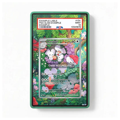 A green protective card slab containing a Pokémon TCG trading card, photographed against a clean white background. The slab has a red PSA grading label at the top and a printed colorful forest illustration filling the back.