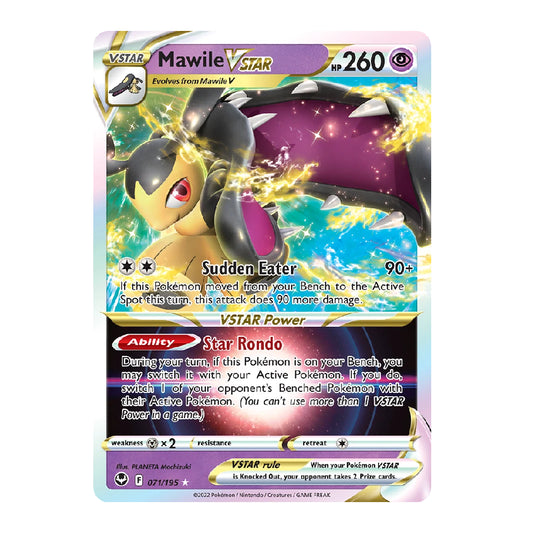 A single Pokémon trading card for Mawile, shown against a plain white background. The card features artwork of Mawile with a pink and gold iridescent border, and visible Pokémon branding and card text.