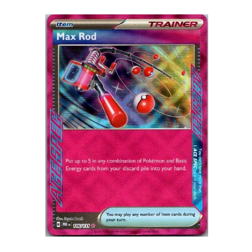 A Pokémon TCG trading card for Max Rod, a Trainer item card from the 2024 TCG Kickoff Series. The card features a vibrant pink border, a colorful illustration of a fishing rod and Pokémon Ball in the center, and text detailing its game effects.