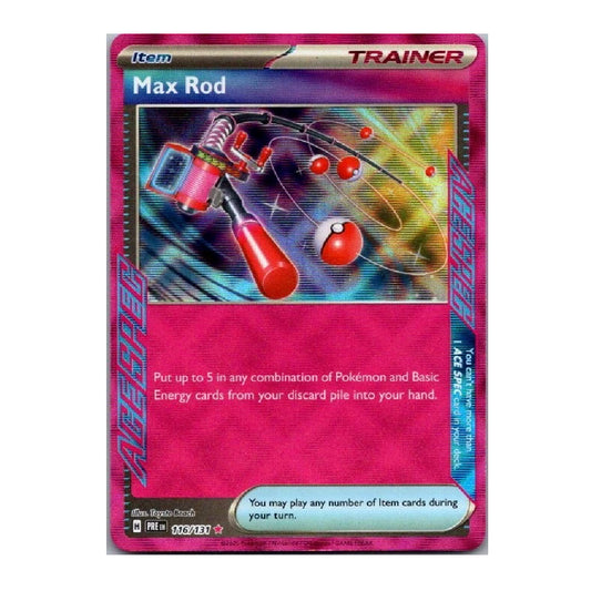 A Pokémon TCG trading card for Max Rod, a Trainer item card from the 2024 TCG Kickoff Series. The card features a vibrant pink border, a colorful illustration of a fishing rod and Pokémon Ball in the center, and text detailing its game effects.