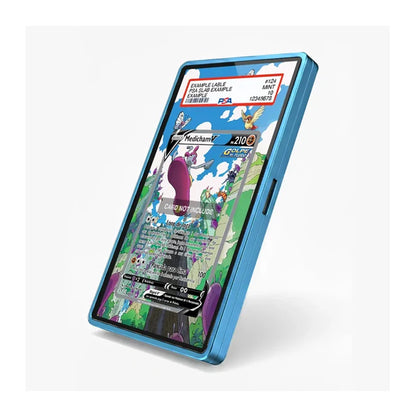 A blue protective smartphone case shown at an angle, featuring a colorful Pokémon-themed screen protector with character graphics and text overlays, set against a plain white background.