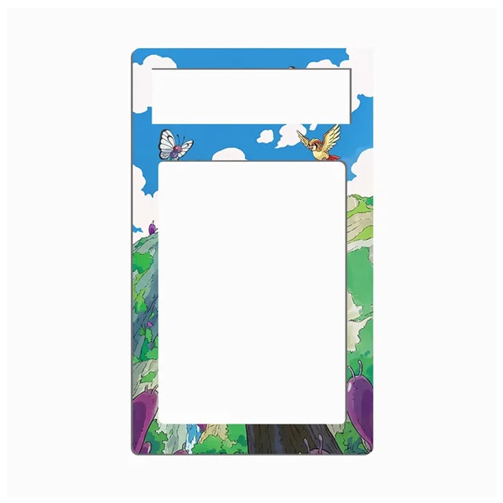 A rectangular metal picture frame with a colorful illustrated border depicting a blue sky, clouds, green hills, purple flowers, and small birds, shown on a plain white background.