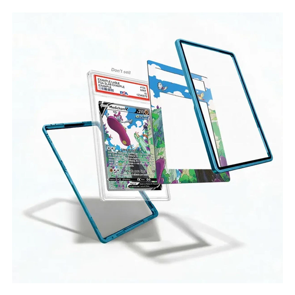 A clear acrylic Pokémon card holder with a translucent blue border, shown in multiple floating angles around a graded Pokémon card. The product is displayed on a clean white background with soft shadows.