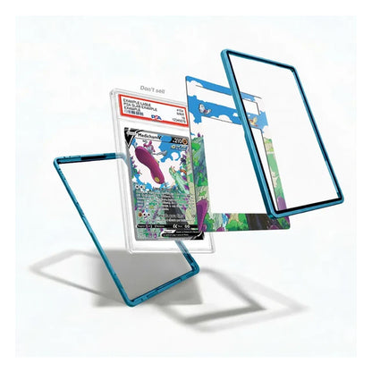 A clear acrylic Pokémon card holder with a translucent blue border, shown in multiple floating angles around a graded Pokémon card. The product is displayed on a clean white background with soft shadows.