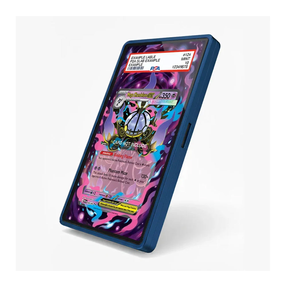 A blue protective phone case shown at an angle on a light gray background, with a printed sample trading card mockup displayed on the screen.