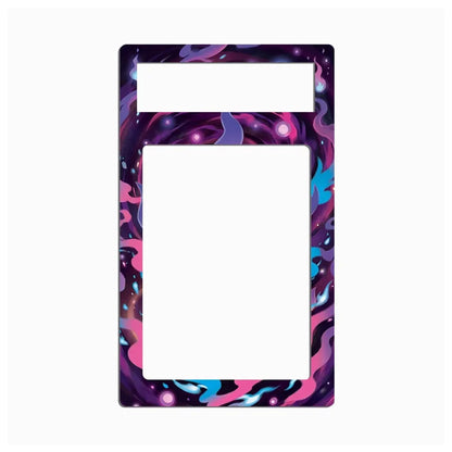 A rectangular decorative plate or cover with a colorful abstract swirl pattern in purple, pink, blue, and black, featuring two white cutouts at the top, shown on a plain white background.