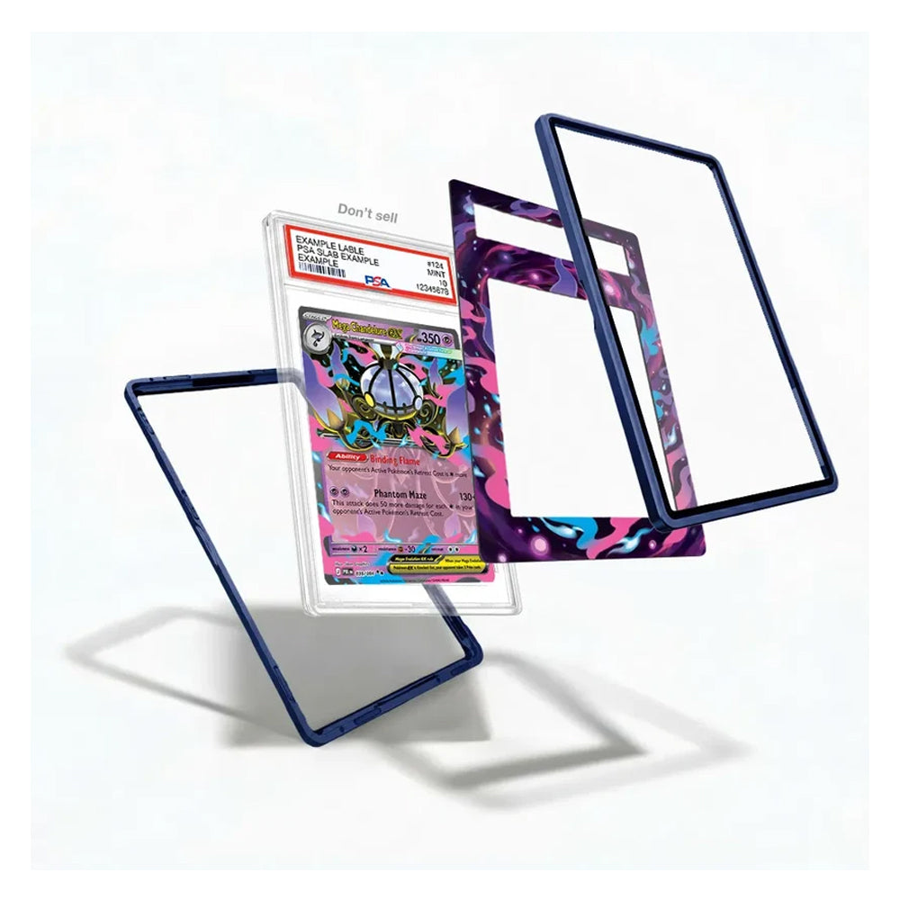 A clear acrylic card protector case with a dark blue textured border, shown floating in three angles around a graded Pokémon trading card. The product is displayed on a clean white background with soft shadows.