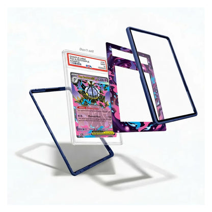 A clear acrylic card protector case with a dark blue textured border, shown floating in three angles around a graded Pokémon trading card. The product is displayed on a clean white background with soft shadows.