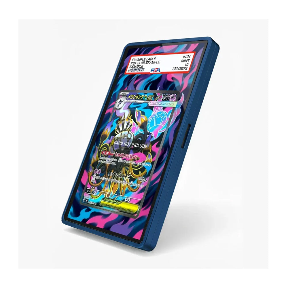 A dark blue protective phone case with a colorful, vibrant Japanese card art print on the back, shown at an angle on a light gray background.
