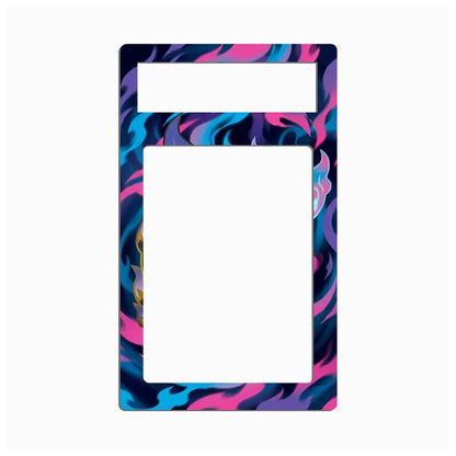 A rectangular decorative plate or frame insert with a colorful abstract swirl pattern in pink, blue, purple, and black, shown on a plain white background.