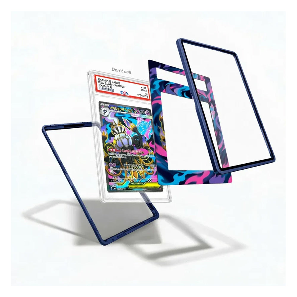 A clear protective card slab with a dark blue border, shown holding a graded Pokémon TCG card and displayed in multiple angles on a clean white background.