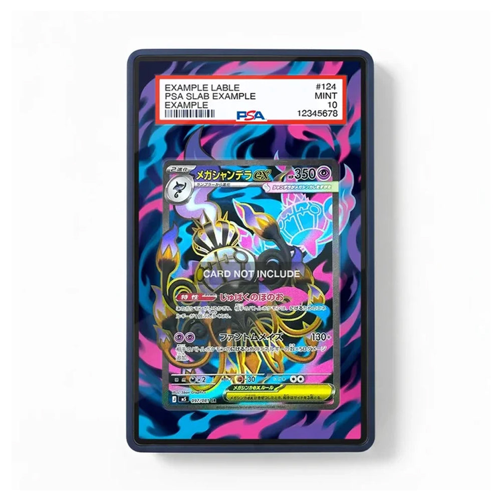 A PSA graded protective card slab containing a holographic Pokémon TCG card, shown against a clean white background. The slab features a colorful blue, purple, and pink swirled design, and the PSA grading label is visible at the top.