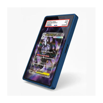 A dark blue protective phone case shown at an angle, featuring a clear window that displays a collectible holographic trading card. The card is labeled with an PSA grading sticker at the top.