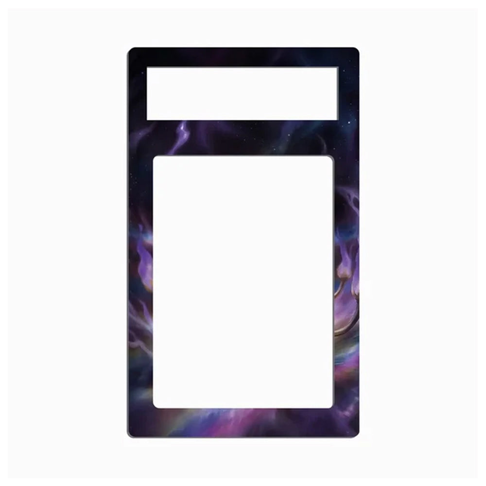 A decorative phone case or frame insert with a black border and a purple, blue, and pink galaxy nebula print, shown on a plain white background.
