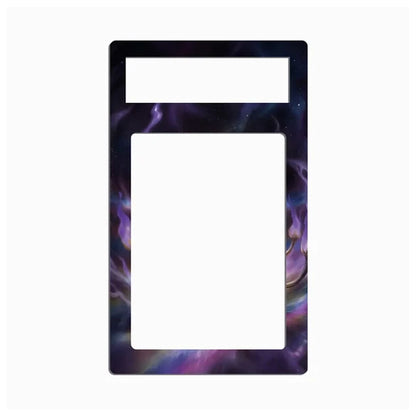 A decorative phone case or frame insert with a black border and a purple, blue, and pink galaxy nebula print, shown on a plain white background.