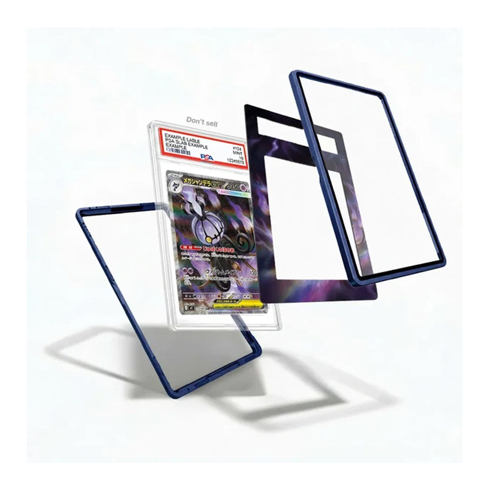 Three clear protective card sleeves with dark blue borders are shown floating around a graded Pokémon TCG card in a clear slab on a white background.