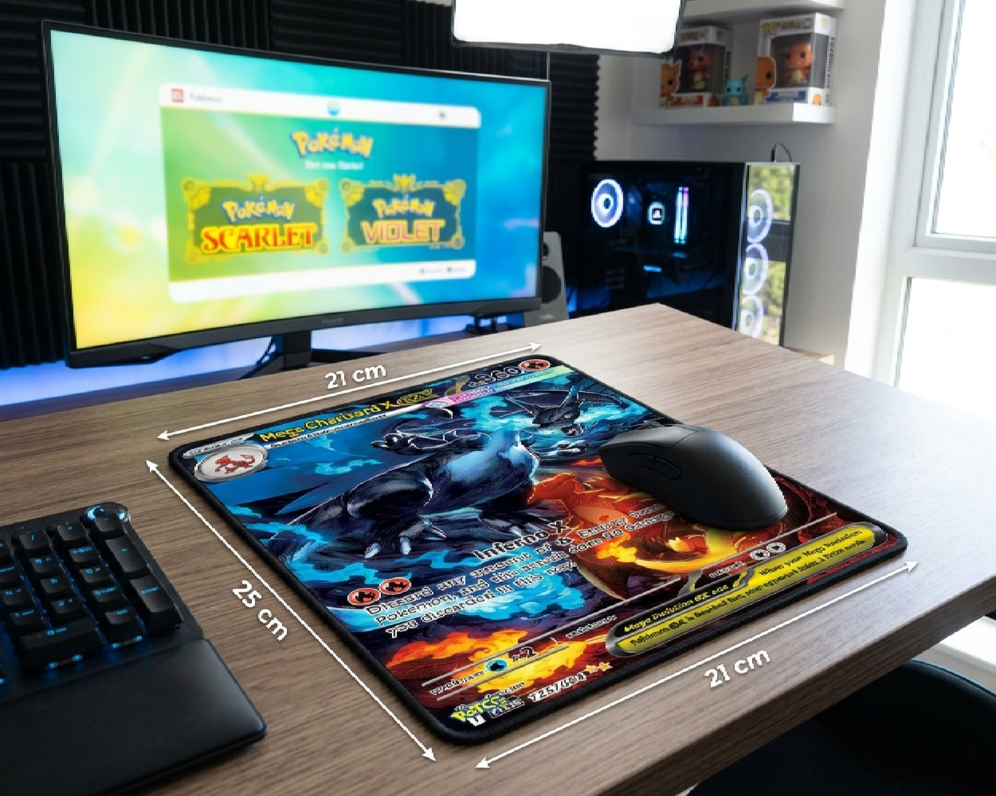 Mega Charizard X inspired Pokémon gaming mouse pad with blue fire and orange flame artwork displayed on a modern gaming desk with RGB PC setup and wireless mouse