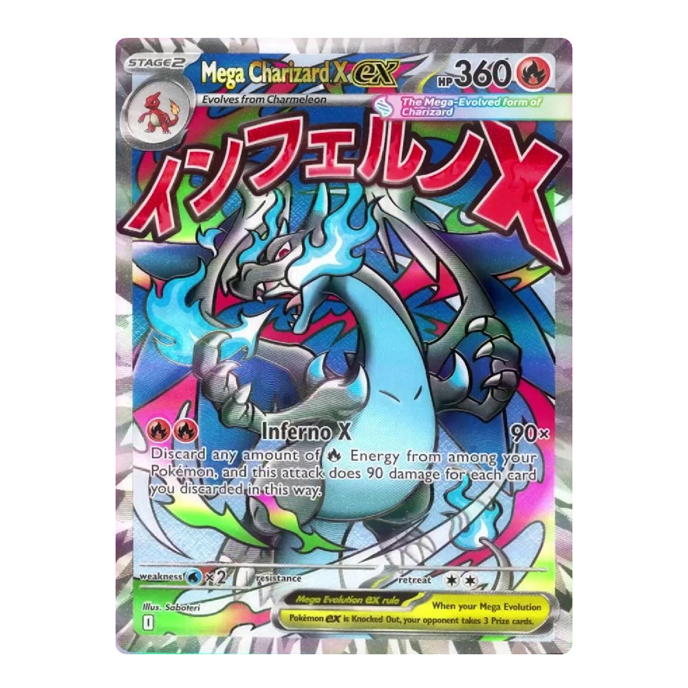 A holographic Pokémon trading card featuring Mega Charizard X EX as Inferno X, with a colorful iridescent background and character artwork.