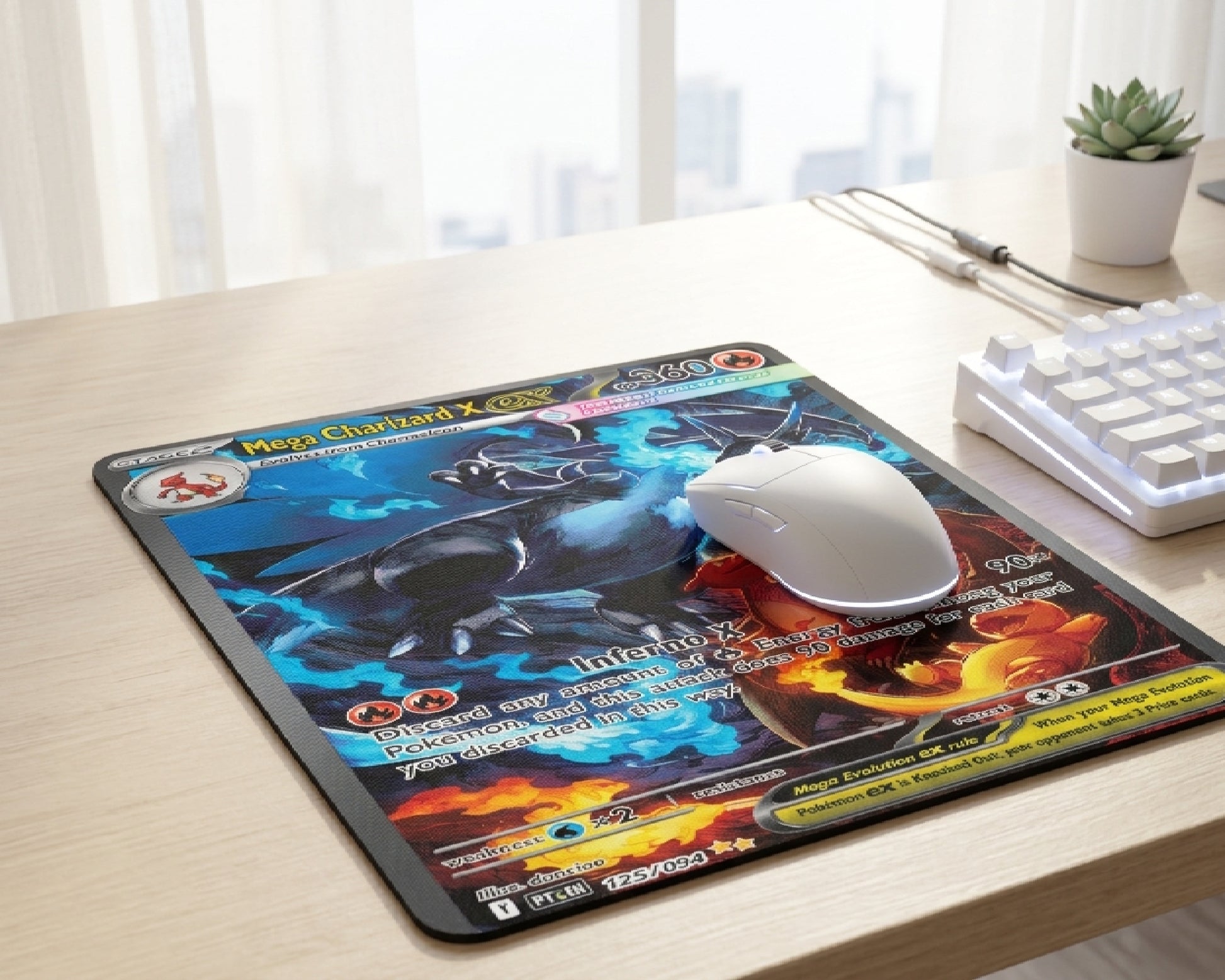 Premium Mega Charizard X inspired gaming mouse pad with detailed Pokémon card artwork placed on a minimalist wooden desk with wireless mouse and white mechanical keyboard