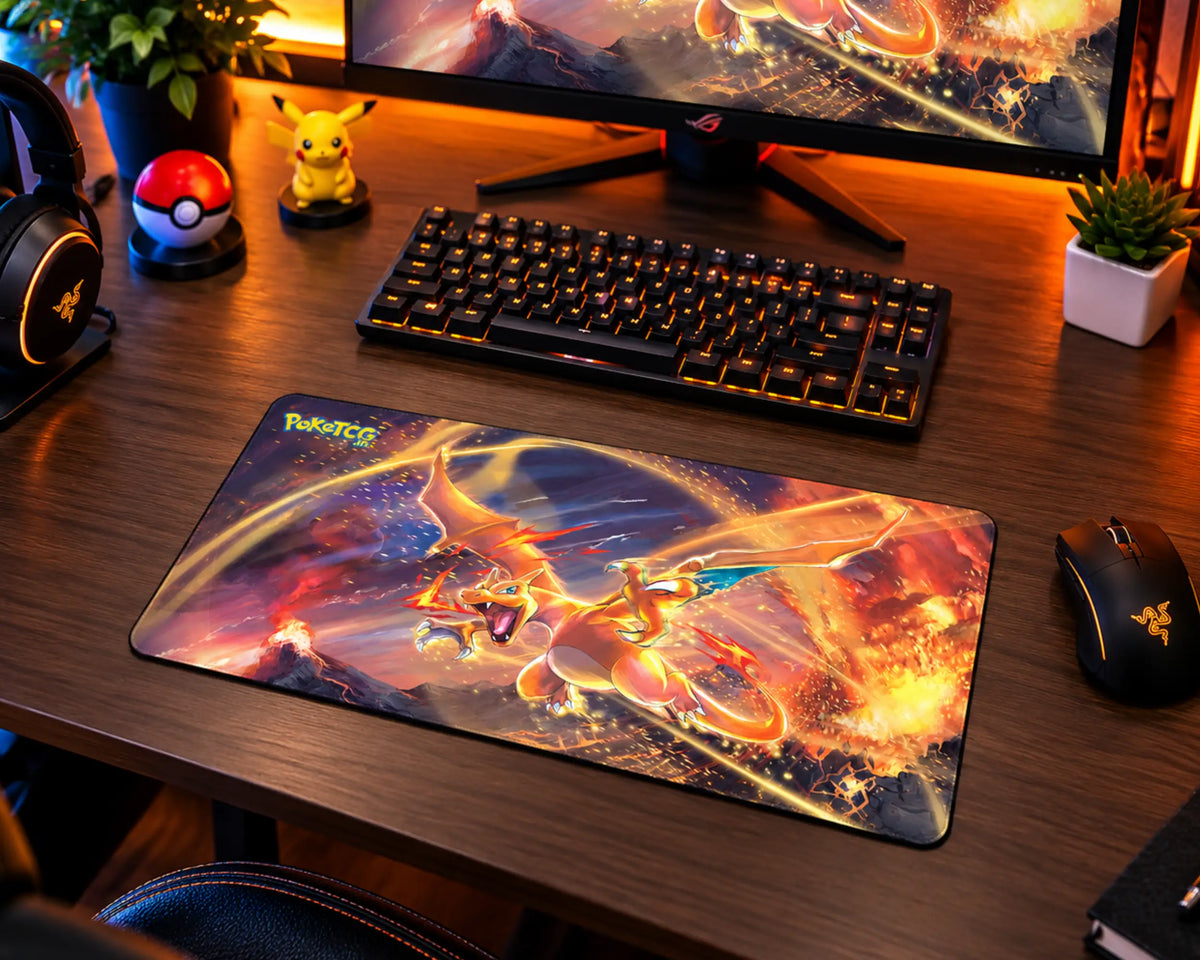 Mega Charizard X and Mega Charizard Y flying together over a volcanic landscape with blazing flames, golden energy trails, glowing sparks, and dramatic orange and blue effects on a Pokemon gaming mouse pad.