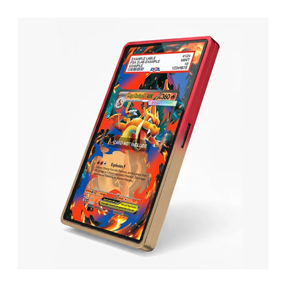 A smartphone shown at an angle on a light gray background, featuring a red outer frame and a gold inner frame around a vibrant, colorful screen displaying a Pokémon battle interface.