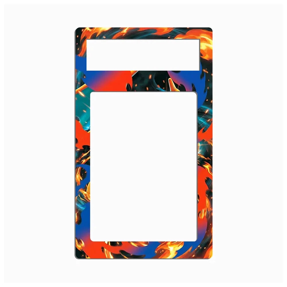 A decorative picture frame with a vibrant, swirling flame-like pattern in red, orange, yellow, blue, and black, shown on a plain white background.