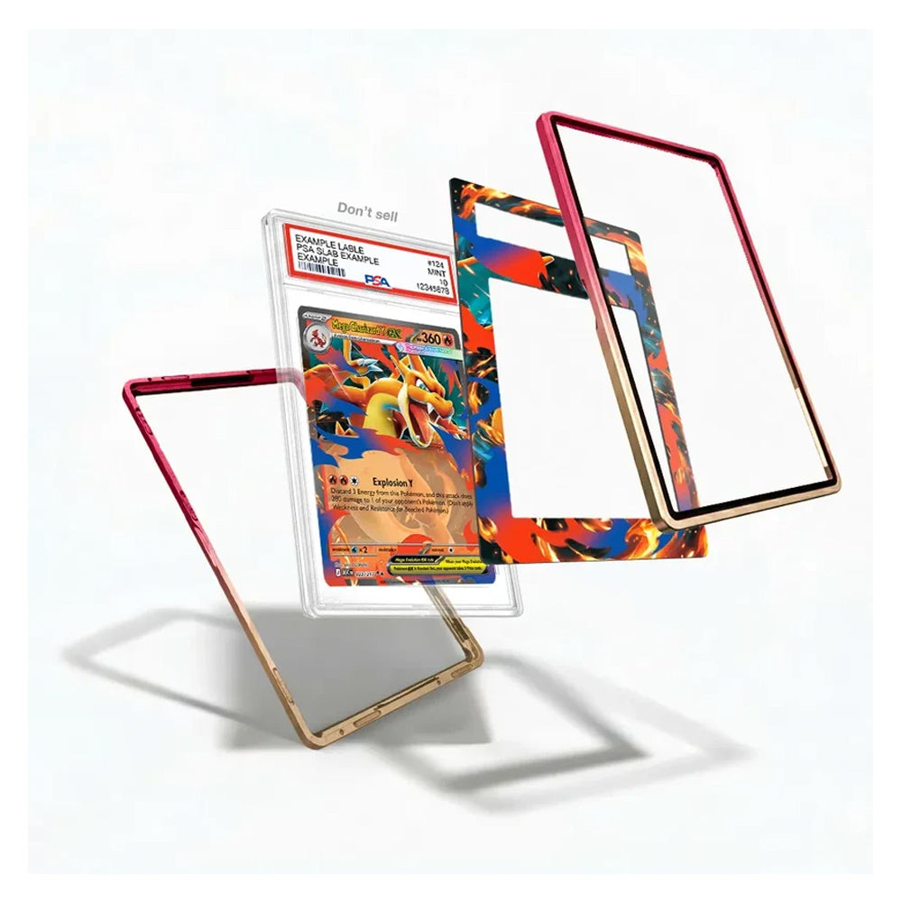 Three transparent acrylic card frames with colored borders are displayed on a white background, with one frame holding a graded Pokémon card. The frames have pink, gold, and rose gold metallic edges.