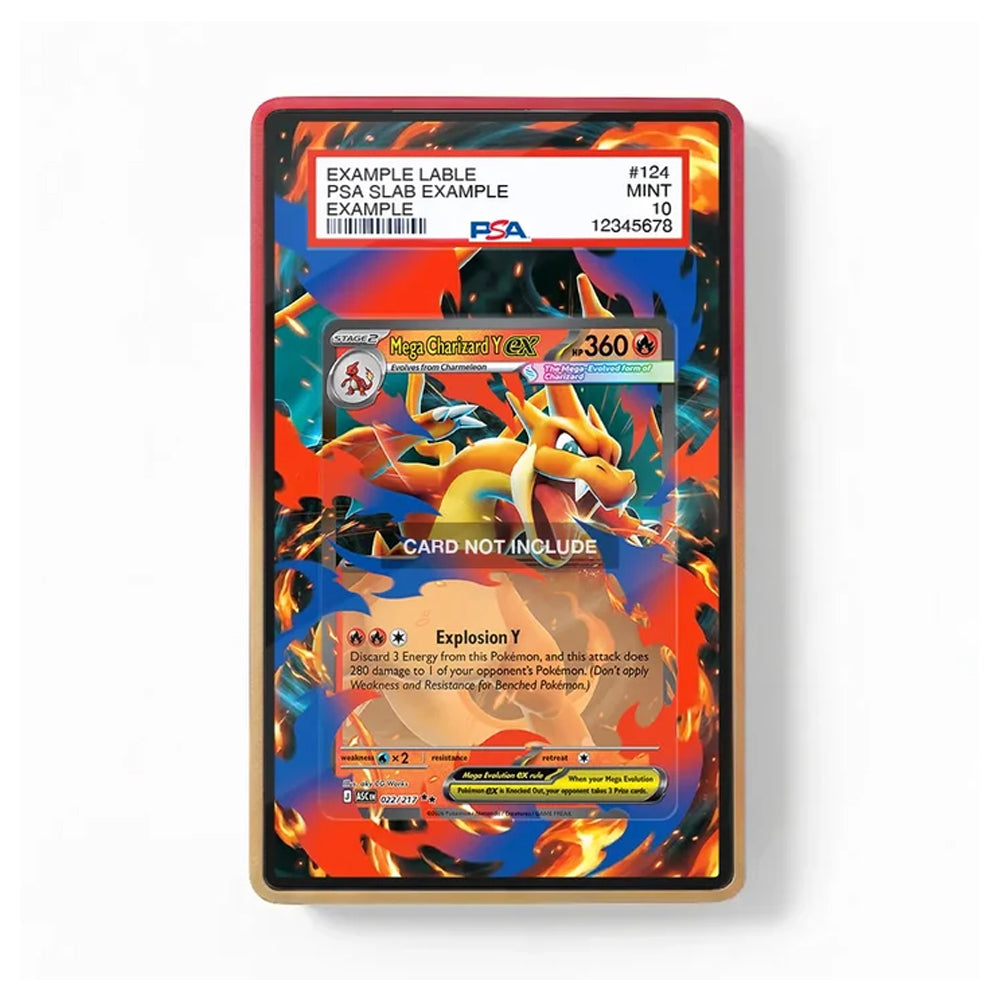 A framed or bordered sample Pokémon trading card on a plain white background. The card artwork shows a fiery red and orange dragon with blue flame effects, and the top label includes PEA branding and example card details.