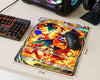 Mega Charizard Y anime gaming mouse pad with 21 cm width and 25 cm height dimensions displayed beside RGB gaming accessories