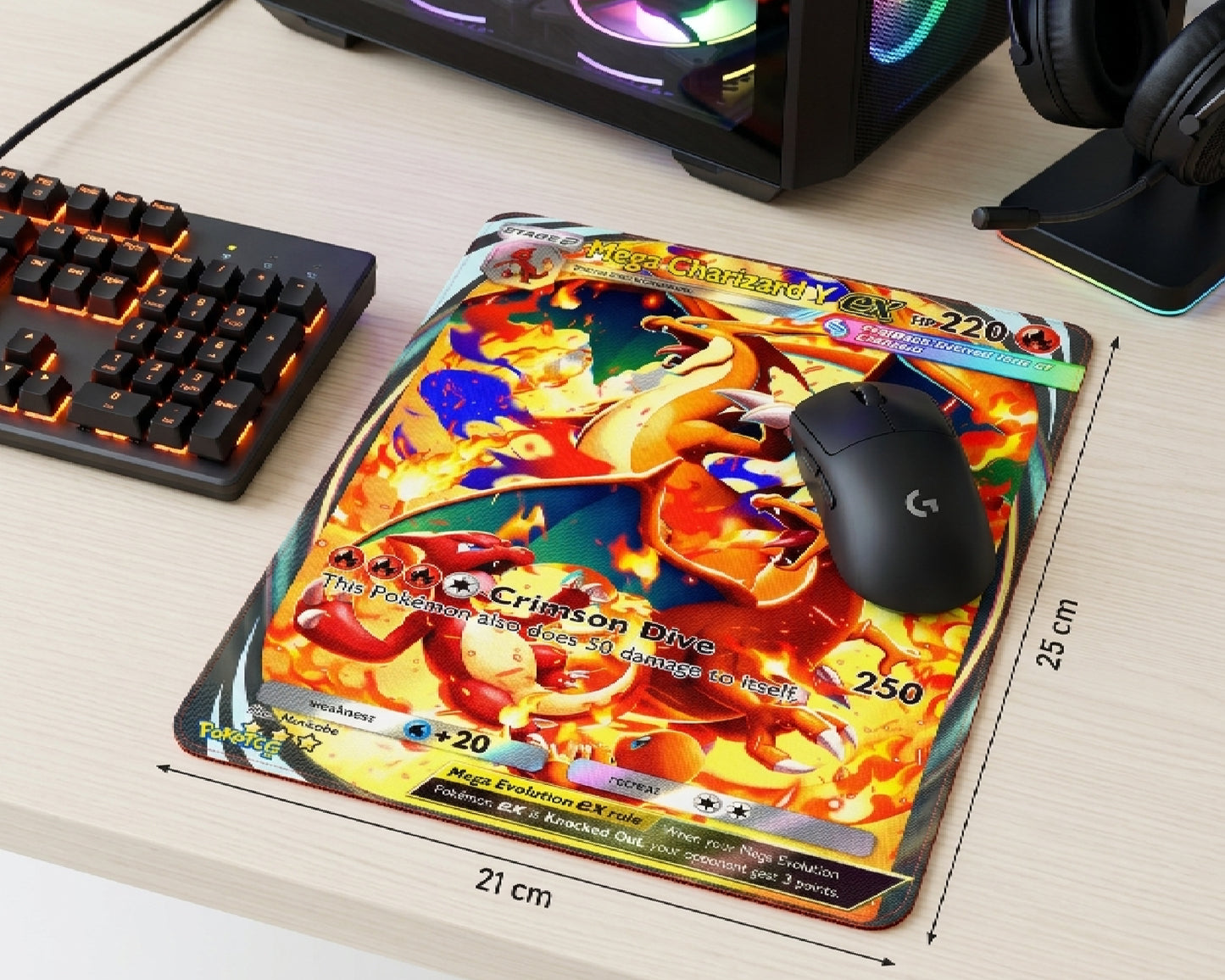 Mega Charizard Y anime gaming mouse pad with 21 cm width and 25 cm height dimensions displayed beside RGB gaming accessories
