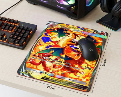 Mega Charizard Y anime gaming mouse pad with 21 cm width and 25 cm height dimensions displayed beside RGB gaming accessories